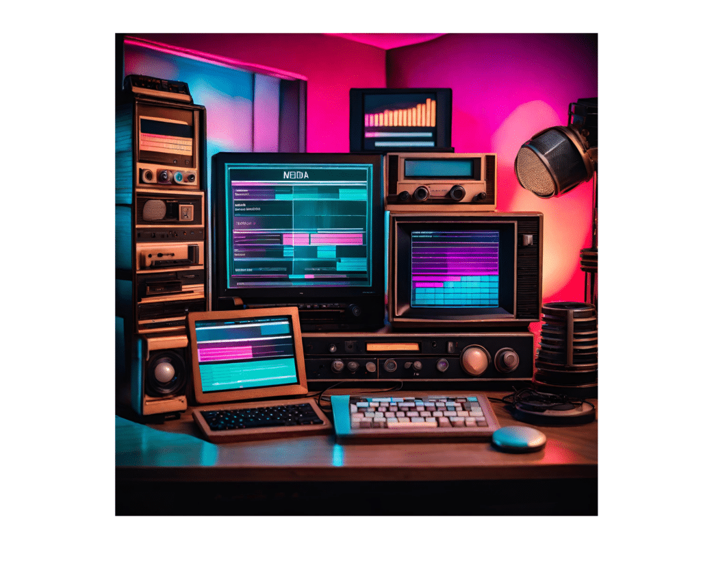 retro style image with different forms of media laid out on a desk